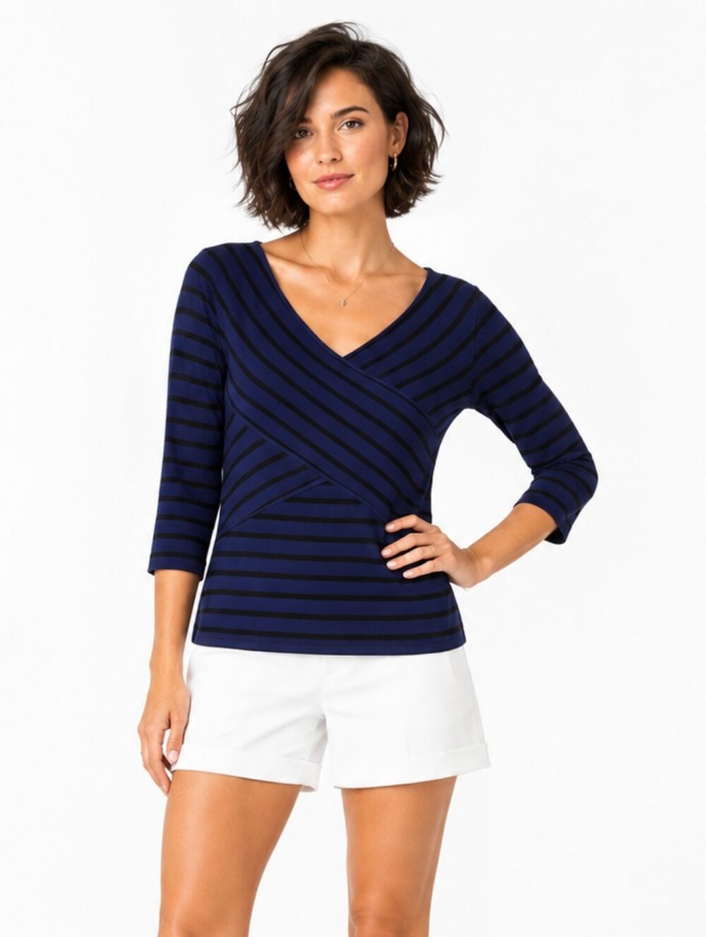 WHBM Striped Surplice 3/4 Sleeve Faux Wrap Top Blue Black S